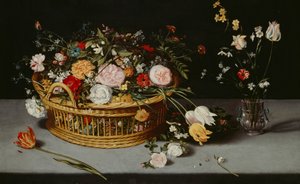 Stillleben mit Korb und Blumenvase, ca. 1620
