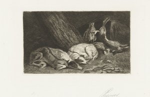 Zwei Hunde ruhen bei der Jagdbeute von Jan Cassiers