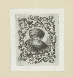 Alter Mann mit Pelzmütze in Ornamentrand