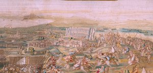 Flämischer Wandteppich. Serie Die Eroberung von Tunis. Der Angriff auf La Goleta. Vierter Wandteppich der Serie. Modell Jan Vermeyen und Pieter Coecke van Aelst. 1543-1548. Herstellung Real Fábrica de Tapices de Santa Bárbara, Madrid von Jan Cornelisz Vermeyen