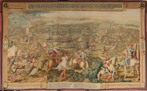 Flämischer Wandteppich. Serie Die Eroberung von Tunis. Der Angriff auf La Goleta. Vierter Wandteppich der Serie. Modell Jan Vermeyen und Pieter Coecke van Aelst. 1543-1548. Herstellung Real Fábrica de Tapices de Santa Bárbara, Madrid