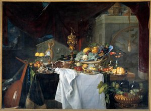 Ein Stillleben mit Desserttisch, bedeckt mit Gerichten und Musikinstrument. Gemälde von Jan David Heem (1606-1684) 1640 von Jan Davidsz de Heem