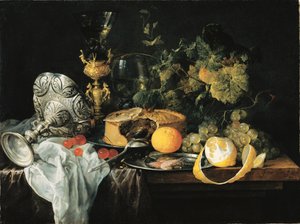 Prunkstillleben mit Früchten, Pastete und Trinkgeschirr, 1651