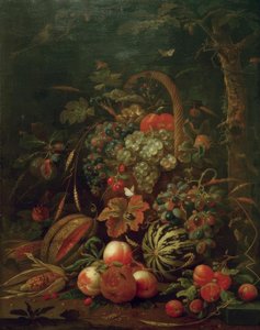 Stilleben mit Fruchtkorb, Kürbis, Melone und Pfirsiche an einer Eiche von Jan Davidsz de Heem