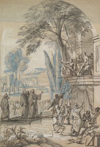 Benedikt von Nursia befiehlt die Zerstörung des Apollo-Tempels in Monte Cassino, Mitte 17. bis frühes 18. Jahrhundert