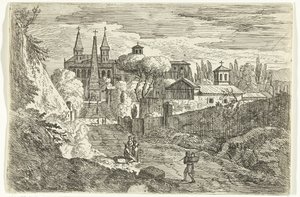Italianisierende Landschaft mit Reisenden bei Stadtmauern