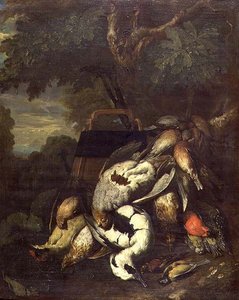 Tote Moorhühner, Specht, Ente und andere tote Vögel in einer bewaldeten Landschaft von Jan Fyt