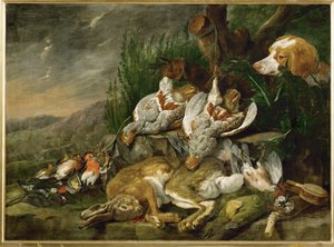 Hasen und Geflügel von einem Hund beobachtet