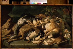 Stillleben mit Wild. Hase, Hirschkuh, Enten. Gemälde von Jan (Johannes) Fyt (1611-1661) 1640 Puschkin-Museum, Moskau