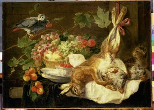 Stillleben mit Hase, Früchten und Papagei, 1647