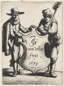 Eleganter Mann und ein Schornsteinfeger bei einem Wappenschild von Jan Gillisz. van Vliet