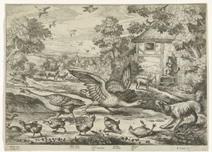 Landschaft mit zwei Gänsen, die ihre Jungen verteidigen von Jan Griffier (I)