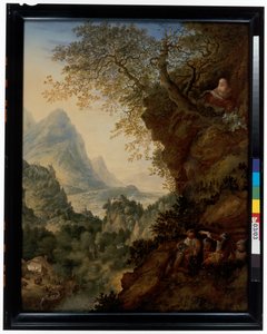 Eine Rheinlandschaft mit einem Einsiedler und Soldaten von Jan Griffier