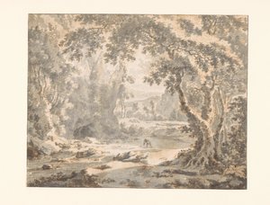 Fluss in einer bewaldeten Berglandschaft von Jan Hackaert