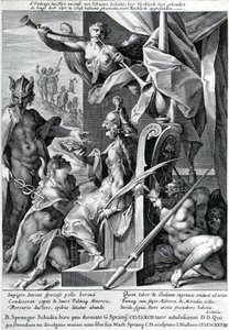 Merkur und Minerva bewaffnen einen Helden mit einer Stierhaut und einem Lorbeerkranz, 1604 von Jan Harmensz Muller