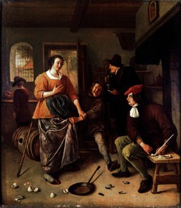 Die zerbrochenen Eier (in einer Schenke). Gruppe fröhlicher Charaktere in einer niederländischen Küche. Der Mann, der den Rock der Frau hebt, ist ein Selbstporträt des Malers von Jan Havicksz. Steen