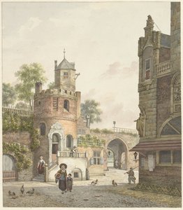 Stadtmauer mit einem Turm und einem Tor, von innen gesehen