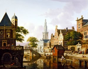 Eine niederländische Stadt entlang eines Kanals