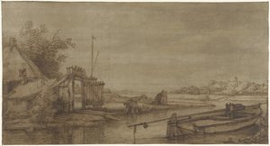 Ansicht eines Kanals mit Bauernhof und liegendem Boot