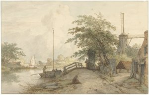 Landschaft mit Brücke und Haus an einem Weg entlang eines Wassers