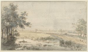 Landschaft mit einem Angler am Wasser von Jan Hulswit