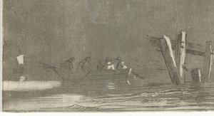 Ruderboot mit Figuren auf einem Fluss