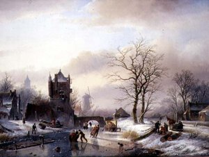 Schlittschuhläufer auf einem zugefrorenen Fluss von Jan Jacob Spohler