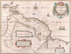 Eine Karte, die um 1649 die Region Guayana darstellt. Von Spanien beanspruchtes Gebiet im Westen in Rot, Niederländisch-Guayana in Gelb hervorgehoben und portugiesisches Gebiet im Südosten in Rot. Der mythische See Parime ist ebenfalls sichtbar von Jan Janssonius