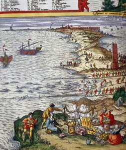 Fischereiszene und Fischvorbereitung in der Hafenstadt Cádiz von Jan Janssonius