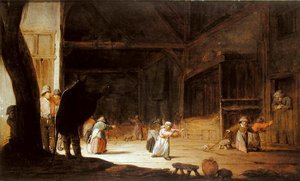 Ein Maskierter erschreckt Kinder in einer Scheune von Jan Jansz van Buesem