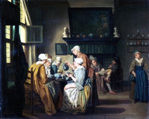 Bürgerliches Interieur mit Damen beim Teetrinken, ein Mann liest am Kamin von Jan Josef the Elder Horemans