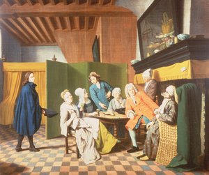 Die Besuche des Arztes - Ein niederländisches Sprichwort: Der Arzt untersucht die allgemeine Gesundheit seines Patienten (eines von vier) von Jan Josef the Elder Horemans