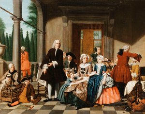 Porträt einer Familie beim Essen auf einer Veranda, ein formaler Garten dahinter, 1747 von Jan Josef the Younger Horemans