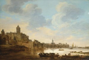Eine Stadt am Ufer eines Flusses, mit einer Fähre, 1648