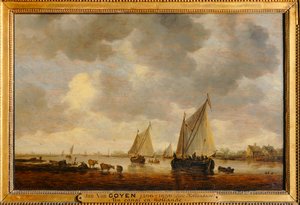 Zwei große Segelboote auf einem Fluss und Tiere am Ufer von Jan Josephsz van Goyen
