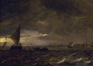 Fischerboote in einer Flussmündung bei Dämmerung, mit Blick auf eine Stadt und ihren Glockenturm am Horizont von Jan Josephsz van Goyen