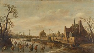 Gefrorene Flusslandschaft mit Schlittschuhläufern