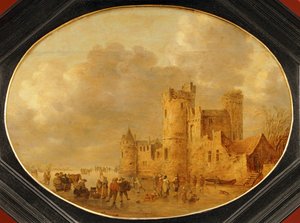 Schlittschuhläufer vor einem mittelalterlichen Schloss von Jan Josephsz van Goyen