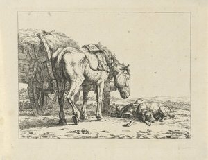 Pferd und Hund bei einem Heuwagen von Jan Kobell (II)