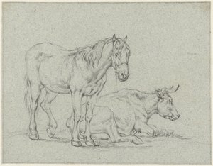 Stehendes Pferd und eine liegende Kuh