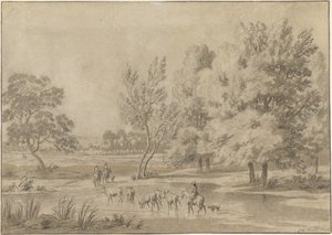 Landschaft mit Bäumen, Reitern und einigen Kühen an einer Tränke von Jan Laurensz. van der Vinne
