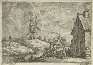 Landschaft mit Gasthaus und einer Mühle