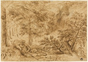 Landschaft mit schlafendem Schäfer unter einem Baum