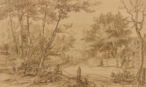Ansicht eines Weges im Haager Wald, mit Bettlern an der Tür einer Hütte von Jan Lievens