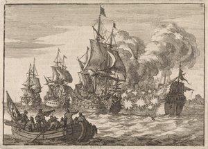 Bei Valencia wird der spanische Admiral Papachino von drei französischen Schiffen unter Admiral Tourville angegriffen, weil er nicht schnell genug salutierte, 1688 von Jan Luyken