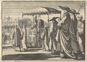 Christian IV., König von Dänemark, als Papst verkleidet, imitiert mit seinen Höflingen eine Prozession, 1596 von Jan Luyken