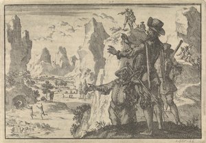 Bewaffnete Spanier blicken von Felsen auf völlig wilde Menschen, ca. 1600 von Jan Luyken
