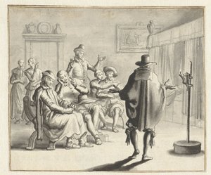 Gruppe von Personen vor einem Bett, in dem es spukt von Jan Luyken