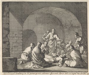 Heiliger Lucianus feiert das Abendmahl im Gefängnis von Jan Luyken