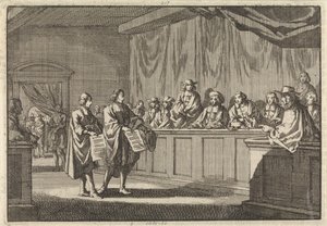 Reformierte Prediger Gilly und Courdil lesen auf der Synode in Sorges eine Erklärung vor, dass sie zur katholischen Kirche übertreten, 3. Juni 1683 von Jan Luyken